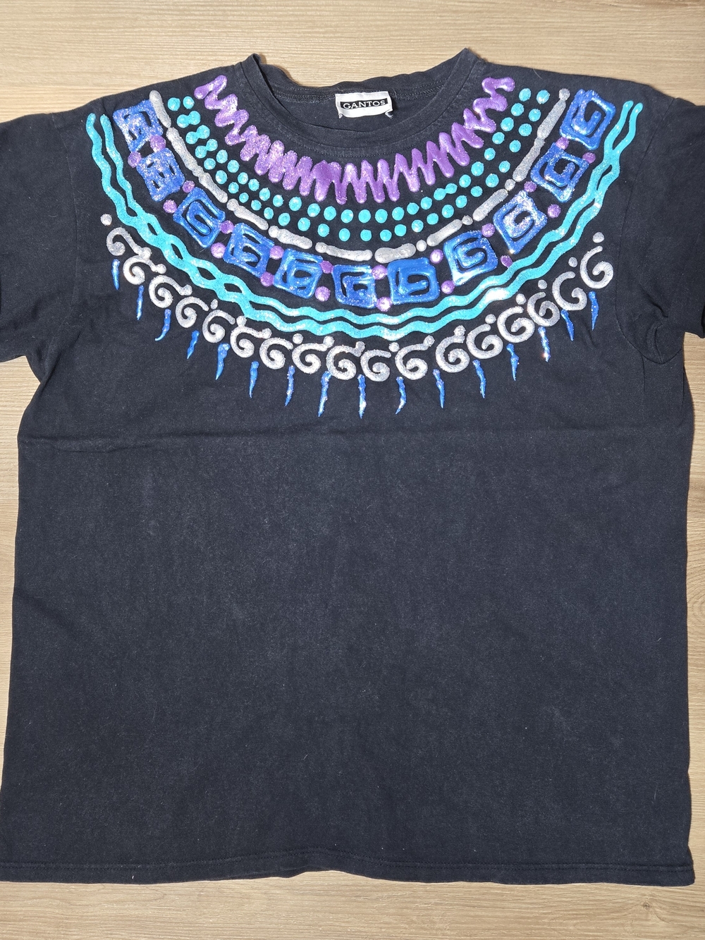Vintage Black Short-Sleeve Tee with Turquoise, Purple & Silver Necklace Motif